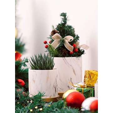 POTEY Ceramic Flower Plants Pots Planter - 3.8 Inch + 5.1 Inch Marble Container Drainage with Sacuer Indoor Herb Garden Bonsai Planting - Set of 2 (White)