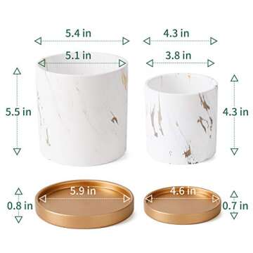 POTEY Ceramic Flower Plants Pots Planter - 3.8 Inch + 5.1 Inch Marble Container Drainage with Sacuer Indoor Herb Garden Bonsai Planting - Set of 2 (White)
