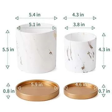 POTEY Ceramic Flower Plants Pots Planter - 3.8 Inch + 5.1 Inch Marble Container Drainage with Sacuer Indoor Herb Garden Bonsai Planting - Set of 2 (White)