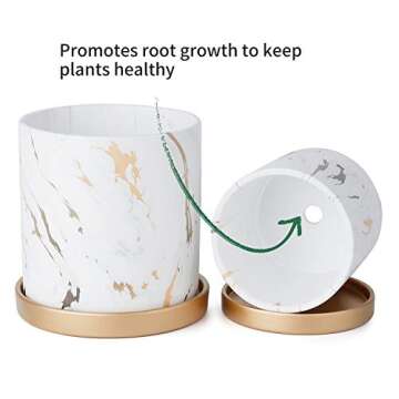 POTEY Ceramic Flower Plants Pots Planter - 3.8 Inch + 5.1 Inch Marble Container Drainage with Sacuer Indoor Herb Garden Bonsai Planting - Set of 2 (White)
