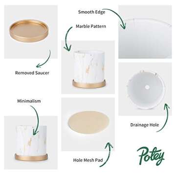 POTEY Ceramic Flower Plants Pots Planter - 3.8 Inch + 5.1 Inch Marble Container Drainage with Sacuer Indoor Herb Garden Bonsai Planting - Set of 2 (White)