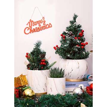 POTEY Ceramic Flower Plants Pots Planter - 3.8 Inch + 5.1 Inch Marble Container Drainage with Sacuer Indoor Herb Garden Bonsai Planting - Set of 2 (White)