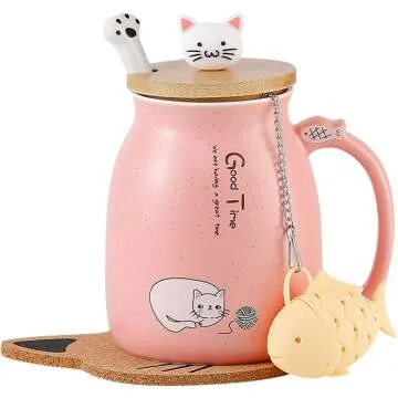 Cute Cat Mug Set with Kitty Lid, Spoon & Coaster