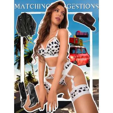 Kaei&Shi Sexy Cow Lingerie Garter For Women,Stripper Set Strappy Exotic Cosplay Cos Costume Underwear Thong Black White Cow Print Large