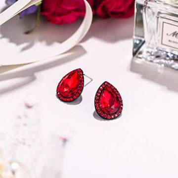 EVER FAITH Women's Austrian Crystal Wedding Teardrop Pierced Stud Earrings Red Black-Tone