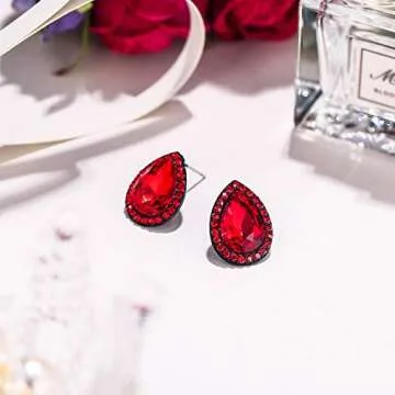 EVER FAITH Women's Austrian Crystal Wedding Teardrop Pierced Stud Earrings Red Black-Tone