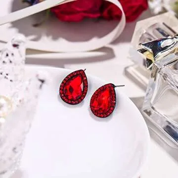 EVER FAITH Women's Austrian Crystal Wedding Teardrop Pierced Stud Earrings Red Black-Tone