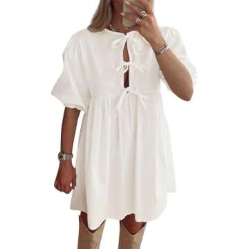 Cioatin Women Cute Tie Up Bow Mini Dresses Y2K Peplum Babydoll Puff Sleeve Summer Blouse Shirt Dress Vacation Outfits White, Medium