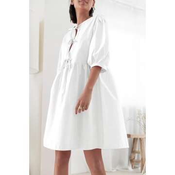 Cioatin Women Cute Tie Up Bow Mini Dresses Y2K Peplum Babydoll Puff Sleeve Summer Blouse Shirt Dress Vacation Outfits White, Medium
