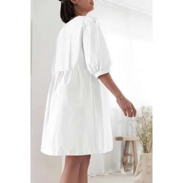 Cioatin Women Cute Tie Up Bow Mini Dresses Y2K Peplum Babydoll Puff Sleeve Summer Blouse Shirt Dress Vacation Outfits White, Medium