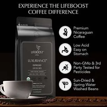 Lifeboost Coffee Espresso Ground Coffee - Low Acid Single Origin USDA Organic Coffee - Non-GMO Espresso Coffee Third Party Tested For Mycotoxins & Pesticides (Espresso Ground 12oz)