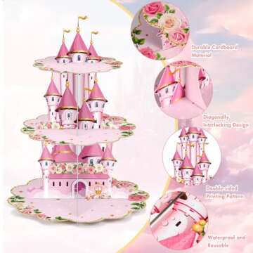 Zopeal 3 Tier Princess Birthday Cupcake Stand Party Decorations Floral Princess Cupcake Holder Pink Castle Crown Carriage Dessert Tower for Girls Birthday Princess Theme Baby Shower Party Supplies
