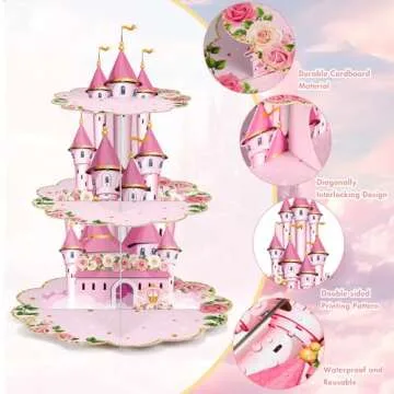 Zopeal 3 Tier Princess Birthday Cupcake Stand Party Decorations Floral Princess Cupcake Holder Pink Castle Crown Carriage Dessert Tower for Girls Birthday Princess Theme Baby Shower Party Supplies