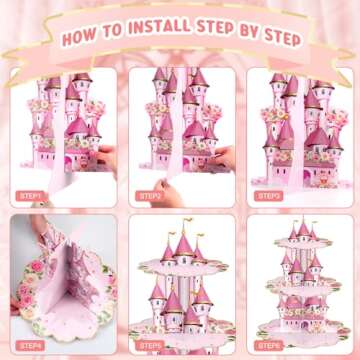 Zopeal 3 Tier Princess Birthday Cupcake Stand Party Decorations Floral Princess Cupcake Holder Pink Castle Crown Carriage Dessert Tower for Girls Birthday Princess Theme Baby Shower Party Supplies
