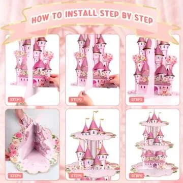 Zopeal 3 Tier Princess Birthday Cupcake Stand Party Decorations Floral Princess Cupcake Holder Pink Castle Crown Carriage Dessert Tower for Girls Birthday Princess Theme Baby Shower Party Supplies