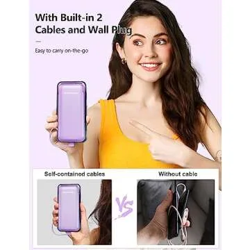 Metecsmart 2-Pack 10000mAh Phone Portable Charger Power Bank, Built in Cable and AC Wall Plug, Fast Slim USB C Charging Battery Pack Travel Essentials Compatible with iPhone, Android, White & Purple