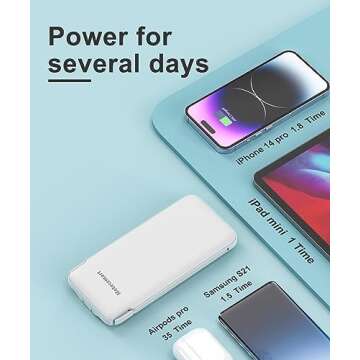 Metecsmart 2-Pack 10000mAh Phone Portable Charger Power Bank, Built in Cable and AC Wall Plug, Fast Slim USB C Charging Battery Pack Travel Essentials Compatible with iPhone, Android, White & Purple