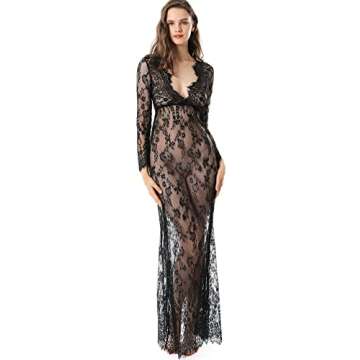 TOUSYEA Women's Soft Nightgown Long Lace Kimono Robes Swimsuit Cover Ups Maxi Beach Dress Black