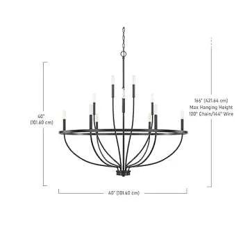 HomePlace Lighting 428501MB Greyson Urban/Industrial Vine-Style Round Chandelier, 12-Light 720 Total Watts, 40" H x 40" W, Matte Black