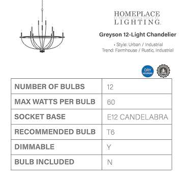HomePlace Lighting 428501MB Greyson Urban/Industrial Vine-Style Round Chandelier, 12-Light 720 Total Watts, 40" H x 40" W, Matte Black