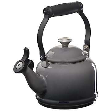 Le Creuset Enamel On Steel Demi Kettle with Metal Finishes & Stoneware Set of 2 Mugs, 1.25 qt. Kettle & (2) 14 oz. Mugs, Oyster