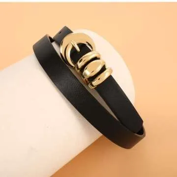 XZQTIVE 2 Pack Womens Skinny Leather Belts for Ladies Thin Waist Belt for Jeans Dresses Pants Coats with Fashion Gold Buckle, Black/Beige, Fits Pant Sizes 37-41 inch