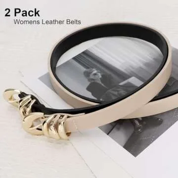 XZQTIVE 2 Pack Womens Skinny Leather Belts for Ladies Thin Waist Belt for Jeans Dresses Pants Coats with Fashion Gold Buckle, Black/Beige, Fits Pant Sizes 37-41 inch
