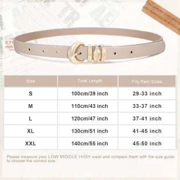 XZQTIVE 2 Pack Womens Skinny Leather Belts for Ladies Thin Waist Belt for Jeans Dresses Pants Coats with Fashion Gold Buckle, Black/Beige, Fits Pant Sizes 37-41 inch