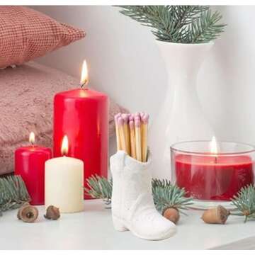 Cowboy Boot Matchstick Holder with Striker, Ceramic Match Striker Holder, Matchstick Storage Jar, Match Holder for Office, Kitchen, Bedroom, Farmhouse Decor