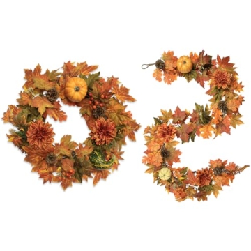 22 Inch Fall Wreath and Fall Garland Maple Leaf 6FT for Autumn Thanksgiving Halloween With Home Part...