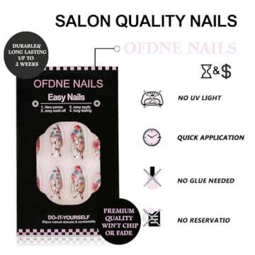 Vintage Press on Nails Medium Almond OFDNE Floral Fake Nails with Rabbit Designs - 24 Pcs