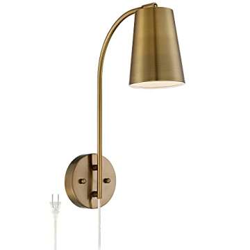 360 Lighting Sully Mid Century Modern Wall Lamp Warm Brass Gold Plug-in 5" Wide Fixture Mounted Adjustable Curved Arm Cone Shade Bedroom Bedside House Reading Living Room Home Hallway Dining