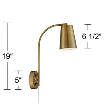 360 Lighting Sully Mid Century Modern Wall Lamp Warm Brass Gold Plug-in 5" Wide Fixture Mounted Adjustable Curved Arm Cone Shade Bedroom Bedside House Reading Living Room Home Hallway Dining