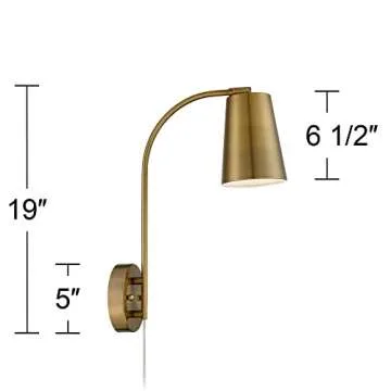 360 Lighting Sully Mid Century Modern Wall Lamp Warm Brass Gold Plug-in 5" Wide Fixture Mounted Adjustable Curved Arm Cone Shade Bedroom Bedside House Reading Living Room Home Hallway Dining