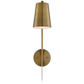 360 Lighting Sully Mid Century Modern Wall Lamp Warm Brass Gold Plug-in 5" Wide Fixture Mounted Adjustable Curved Arm Cone Shade Bedroom Bedside House Reading Living Room Home Hallway Dining