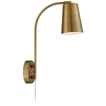 360 Lighting Sully Mid Century Modern Wall Lamp Warm Brass Gold Plug-in 5" Wide Fixture Mounted Adjustable Curved Arm Cone Shade Bedroom Bedside House Reading Living Room Home Hallway Dining