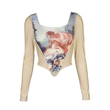 fyclemt Women Push Up Bustiers Corsets Strapless- Sleeveless/Long Sleeve Square Collar Angel Print Crop Top (Apricot Long Sleeve, M)