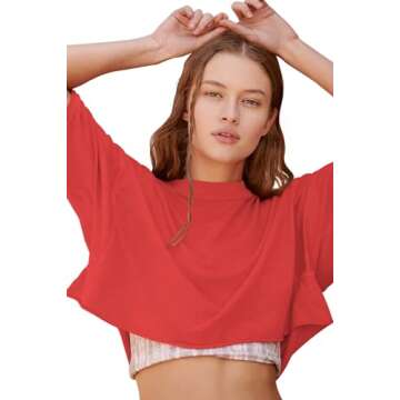Carpetcom Oversized Workout Shirts for Women Short Sleeve Drop Shoulder Casual Basic Crop Tops Baggy Gym Yoga Sport Tee Red