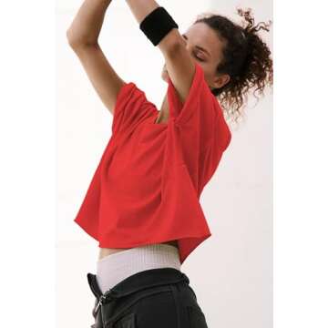 Carpetcom Oversized Workout Shirts for Women Short Sleeve Drop Shoulder Casual Basic Crop Tops Baggy Gym Yoga Sport Tee Red