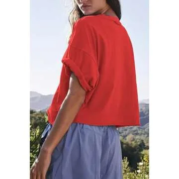 Carpetcom Oversized Workout Shirts for Women Short Sleeve Drop Shoulder Casual Basic Crop Tops Baggy Gym Yoga Sport Tee Red