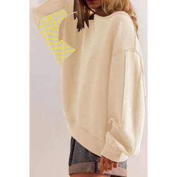 Ythomm Women Oversized Striped Long Sleeve Sweatshirt Scoop Neck Drop Shoulder Patchwork Pullover To...