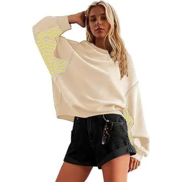 Ythomm Women Oversized Striped Long Sleeve Sweatshirt Scoop Neck Drop Shoulder Patchwork Pullover Tops Casual loose Y2k Shirt Yellow