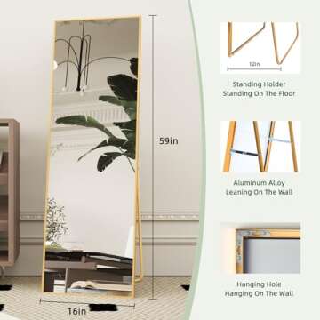 Beauty4U 59" x 16" Tall Full Length Mirror with Stand, Gold Wall Mounting Full Body Mirror, Metal Fr...