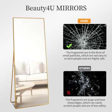 Beauty4U 59" x 16" Tall Full Length Mirror with Stand, Gold Wall Mounting Full Body Mirror, Metal Frame Full-Length Tempered Mirror for Living Room, Bedroom