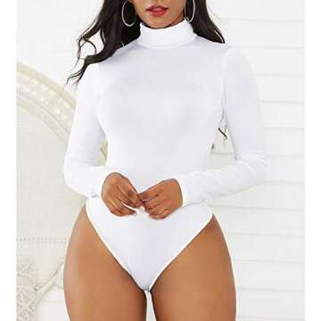 Zando Mock Turtleneck Bodysuit for Women Long Sleeve Tops Bodysuits for Going Out Shapewear Bodysuit Leotard Classic Basic Body Suit Jumpsuit Women Clothing A White Medium