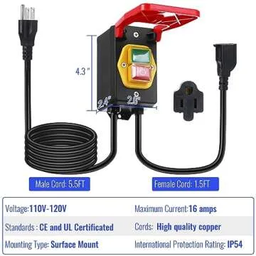 Dreyoo 110V to 120V Single Phase On/Off Switch, Router Table Switch with Large Stop Sign Paddle Easy Contact for Fast Power Off for Table Saws and Other Electrical Equipment (1 Female Plug,1 Pack)