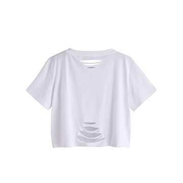 SweatyRocks Women's Summer Short Sleeve Tee Distressed Ripped Crop T-shirt Tops White S