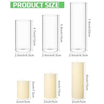 Shihanee Set of 3 Pillar Candles and 3 Glass Cylinder Candle Vases Holders Clear Pillar Jars for Wedding Centerpieces(2.6'' X 4.7'', 5.9'', 7.9'',Ivory White)