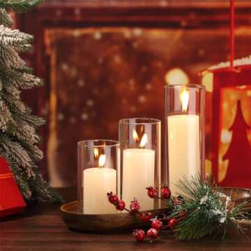 Shihanee Set of 3 Pillar Candles and 3 Glass Cylinder Candle Vases Holders Clear Pillar Jars for Wedding Centerpieces(2.6'' X 4.7'', 5.9'', 7.9'',Ivory White)