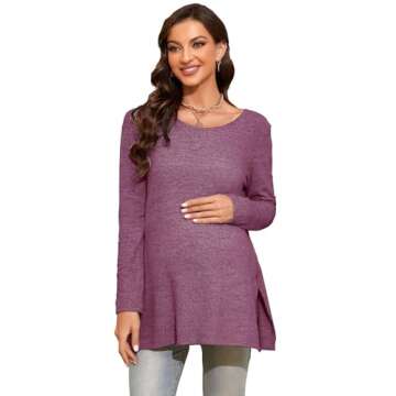 Smallshow Women's Maternity Shirts Side Split Long Sleeve Pregnancy Tops Clothes Medium Maroon